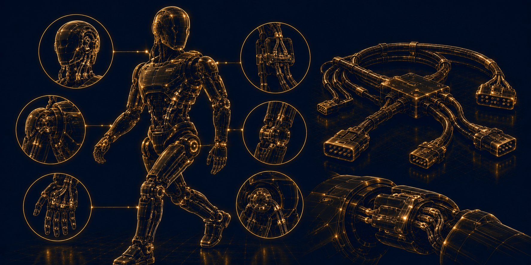 Humanoider Roboter / Interconnect-Systeme — Wireframe-Illustration